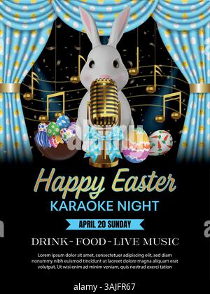 happy easter karaoke night flyer with pink curtain, neon rabbit, gold musical notes and gold vintage mic Stock Vector