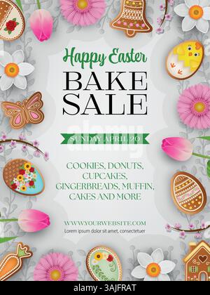 easter bake sale poster with gingerbread cookies and flowers Stock Vector