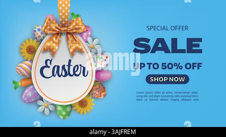 easter sale banner with egg shaped label, colorful eggs, flowers and carrots Stock Vector