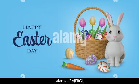 easter banner with colorful eggs and tulips in a wicker basket, carrot and 3d white rabbits Stock Vector