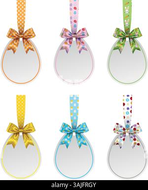 set of easter price tags with bows and ribbons. collection of easter egg shaped label with bow Stock Vector