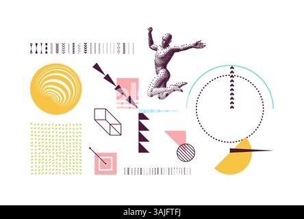 Jumping man with stipple effect. The concept of leadership or freedom. Art composition with geometric shapes and forms. Memphis design. Vector for pos Stock Vector