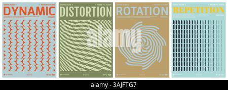 Image of many rectangular flat shapes with transition effect. Wavy pattern. Striped shape with optical illusion effect. Cover design template. Vector Stock Vector