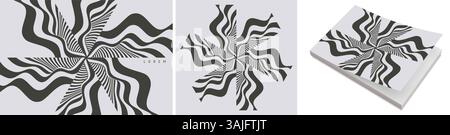 Set of striped minimalist shapes with optical illusion effect. Emblems or geometric shapes for your design. 3D illustration for brochure, card, cover, Stock Vector