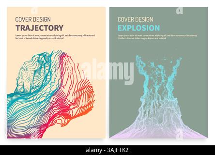 Water splash imitation. Point explode. Array with dynamic emitted particles. Abstract background. Cover design template. 3D illustration for brochure, Stock Vector