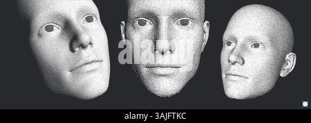 Three human faces constructing from particles. Network forming AI human face. Technology and robotics concept. Anonymous social masking. Cyber crime a Stock Vector
