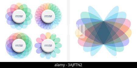 Set of circles of overlapping translucent elements. Flowers in geometric style. Abstract button design. Vector illustration. Stock Vector
