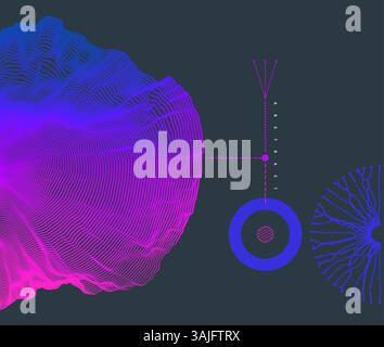 Science experiment. Array with dynamic particles tending towards or away from the centre, lines of energy. Abstract background with dynamic particles. Stock Vector