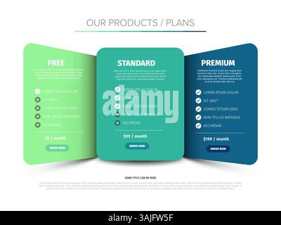 A clean and modern pricing plan comparison chart showcasing Free, Standard, and Premium packages. Each plan includes pricing details, features, and an Stock Vector