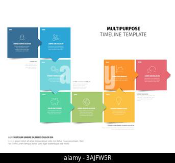 Colorful Multipurpose Timeline Template made from color square content blocks. Simple eight steps time line infogrchart template made from color block Stock Vector
