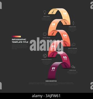 A colorful dark six-step infographic with a gradient ribbon design and icons paired with text. Ideal for process visualization, workflow concepts, or Stock Vector