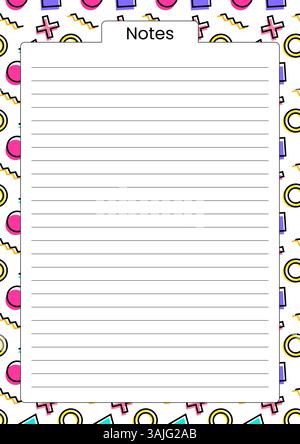 Lined notes page with vibrant abstract geometric pattern background in retro Memphis style. Perfect for writing, journaling, organizing daily tasks Stock Vector