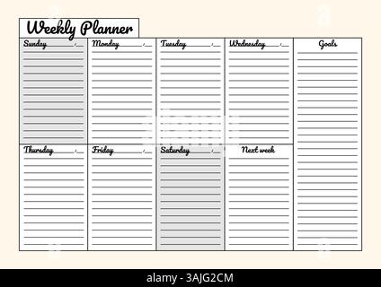 Simple black and white horizontal weekly planner with daily sections, goal setting, and next week planning for better organization. Stock Vector