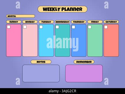 Vibrant horizontal cartoon style weekly planner template with colorful day sections, notes, and reminder boxes on a gradient purple background. Stock Vector