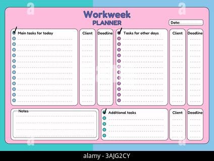 Printable horizontal workweek planner with task list, client deadline, and notes section in a pastel color scheme for organization. Stock Vector