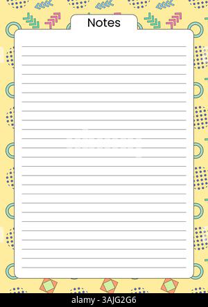 Lined notes page with a decorative colorful abstract geometric background in retro Memphis style. Ideal for journaling, planning, organizing Stock Vector