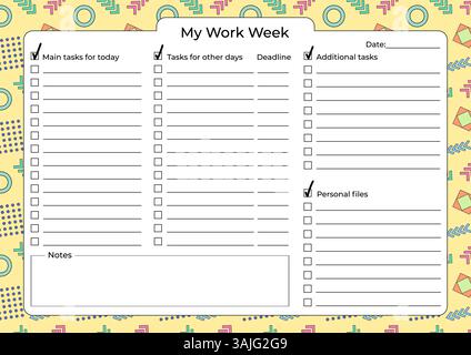 Printable horizontal weekly work planner with task checklist, deadline, and notes section on a colorful abstract geometric background in retro Memphis Stock Vector