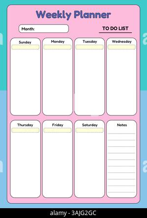 A vibrant vertical weekly planner template with sections for each day of the week, a to do list, and a notes section for organization. Stock Vector