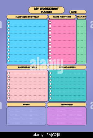 A structured vertical work sheet planner in cartoonish with task list, deadline, and notes sections for better productivity and organization. Stock Vector