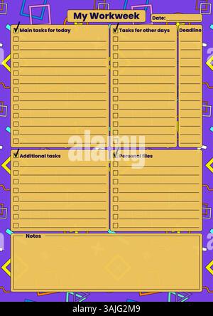 A vibrant vertical weekly planner featuring task checklist, deadline, and notes section on a bright purple geometric background in retro Memphis. Stock Vector