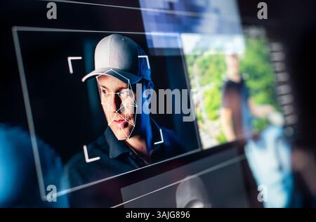 Deep fake and AI deepfake. Theft or fraud video. Face recognition and photo detection with artificial intelligence. Machine learning and computer id. Stock Photo