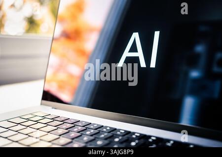 AI content with computer. Generate design, software code, image or text with artificial intelligence tool in laptop. Creative marketing generator. Stock Photo