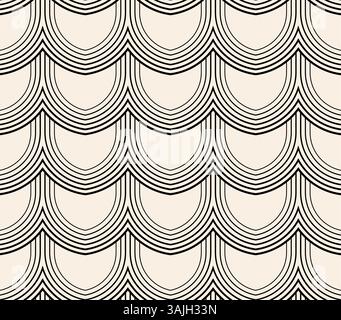 Thin lines arc vintage abstract seamless pattern. Black beige geometric pattern. Stock Vector