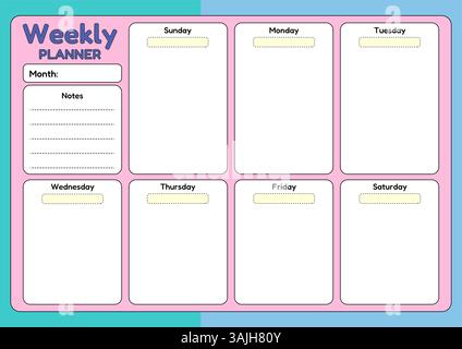 A colorful horizontal weekly planner template with space for daily tasks, a notes section, and a month selection field on a pastel background. Stock Vector