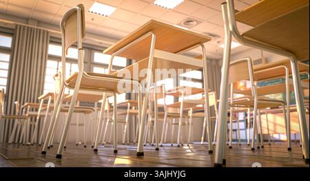 Empty classroom with wooden desks and chairs detail. 3d background Stock Photo