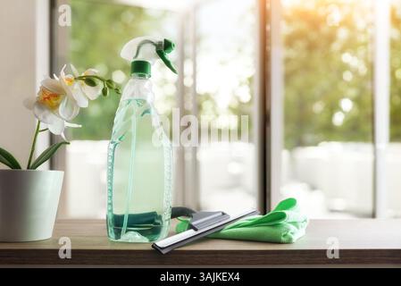 Window cleaner spatula, spray product, microfibre cloth and plant on wooden table and background glass window. Front view. Stock Photo
