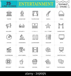 Entertainment Line Icons – Theater, Cinema and Music Symbols for Events and Media Projects in Thin Line Style Stock Vector