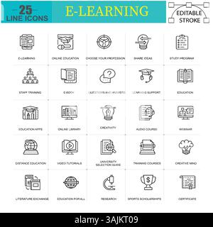 E-Learning Line Icons - 25 Editable Stroke Vector Icons for Online Education Stock Vector