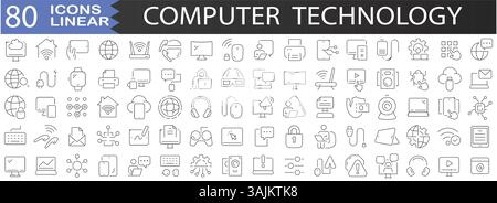 Computer Technology Icon Set – 80 Linear Icons for Digital, IT and Tech Symbols Stock Vector