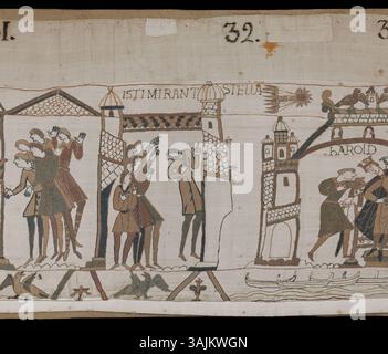 This scene from the Bayeux Tapestry depicts a key moment in the Norman ...