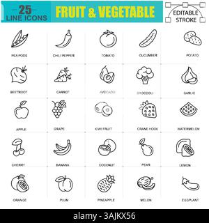 Fruits and Vegetables Line Icons set - Healthy Food Outline Vector Set with Editable Stroke pictograms. illustration EPS10 Stock Vector