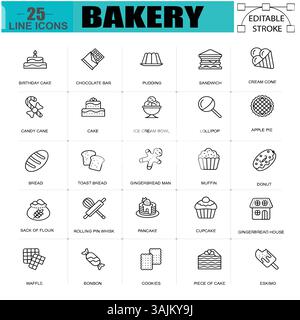 Bakery Line Icons Set – 25 Editable Stroke Vector Icons of Pastries, Cakes, and Desserts. Editable Vector stroke pictograms. illustration EPS10 Stock Vector