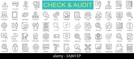 Check and Audit Line Icon Set – Business Verification and Evaluation Symbols. Editable Vector stroke pictograms. illustration EPS10 Stock Vector