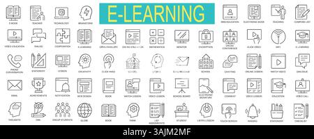 E-Learning and Online Education Icon Set – Digital Learning, Teaching, and School Symbols. Vector Illustration for UI, Web, and Print. Stock Vector