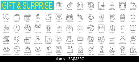 Set of Gift and surprise web icons in thin line design. Pack of confetti, music, toy, e-commerce, laurel wreath, discount, wishlist, price tag, cake, Stock Vector