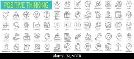 Set of Positive thinking web icons in thin line design. Pack of family value, reflection, emotional control, confidence, gratitude, relationship, othe Stock Vector