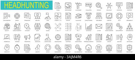Set of Headhunting icons for web in outline style. Recruitment icons for web and mobile app. Career, resume, job hiring, candidate, HR, business, head Stock Vector