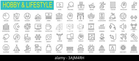 Set of Hobby and lifestyle web icons in outline design. Pack of exercise, gadget, traveler, sculpture, museum, gym, social media, psychology, game, ot Stock Vector