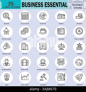 Business Essentials Line Icons Set. Finance, Office, Planning, Charts, and More for Corporate Design Stock Vector