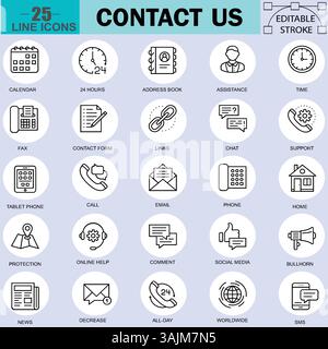 Contact Us Line Icons Set: Modern Outline Symbols for Communication, Support, and Connectivity Stock Vector
