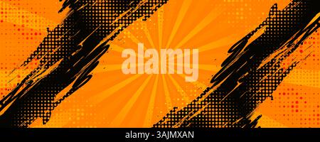 Abstract Sports Background with Black and Orange Brush Strokes in Halftone Style Stock Vector