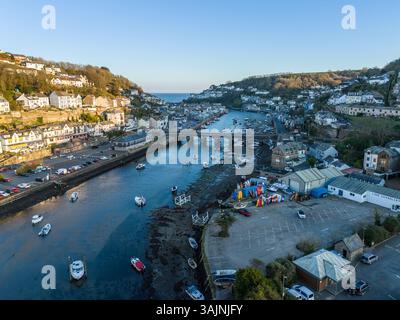 Aerial view over Looe, Cornish fishing town and popular Holiday destination, Cornwall, England, United Kingdom Stock Photo