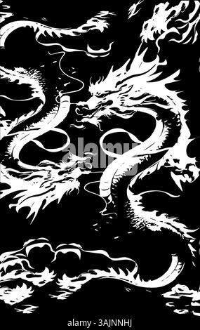 Oriental dragon rendered in bold calligraphy strokes and gritty ink drops. The minimalist monochrome background enhances its for tech or fashion patte Stock Photo