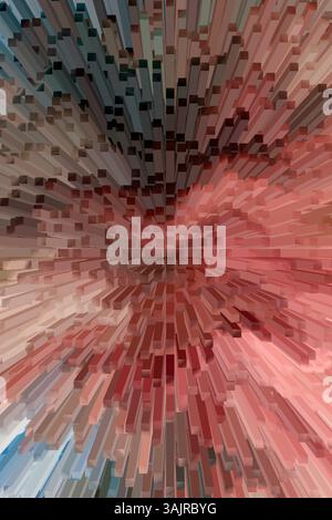 Vibrant red and beige 3D rectangular shapes creating a dynamic abstract composition. Dynamic 3D blocks in explosive abstract design. Stock Photo