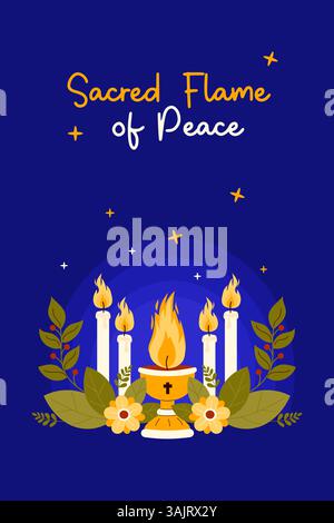 Religion Poster. Sacred Flame of Peace. Spiritual Life with Church Chalice with Fire, Candles, Flowers on Blue. Vector Vertical Banner for religious h Stock Vector
