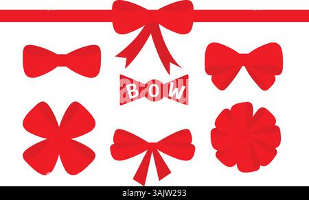 Red ribbon Christmas bow Big icon set. Decoration element for giftbox present. White background. Isolated. Flat design. stock illustration Stock Vector